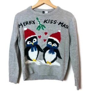 Adorable Penguins Under Mistletoe Sparkly and Fuzzy Christmas Sweater Size Small